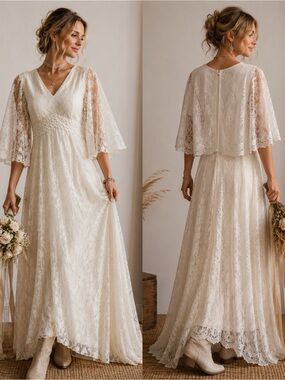 Vintage Mike Benet Ivory Lace Wedding Dress M/L Whimsical‎ Fairy Western